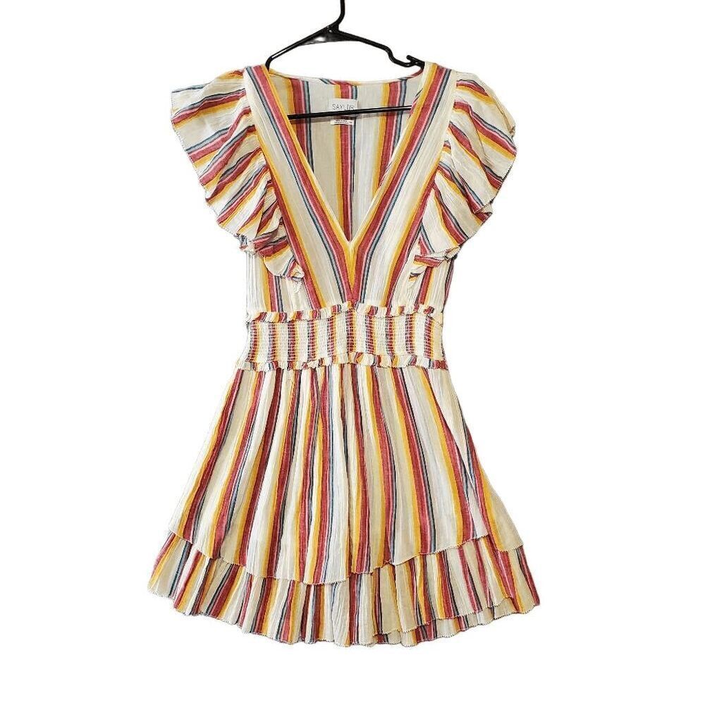 Saylor Women's Multi Color Striped V Neck Ruffle Sleeve Dress Extra Small